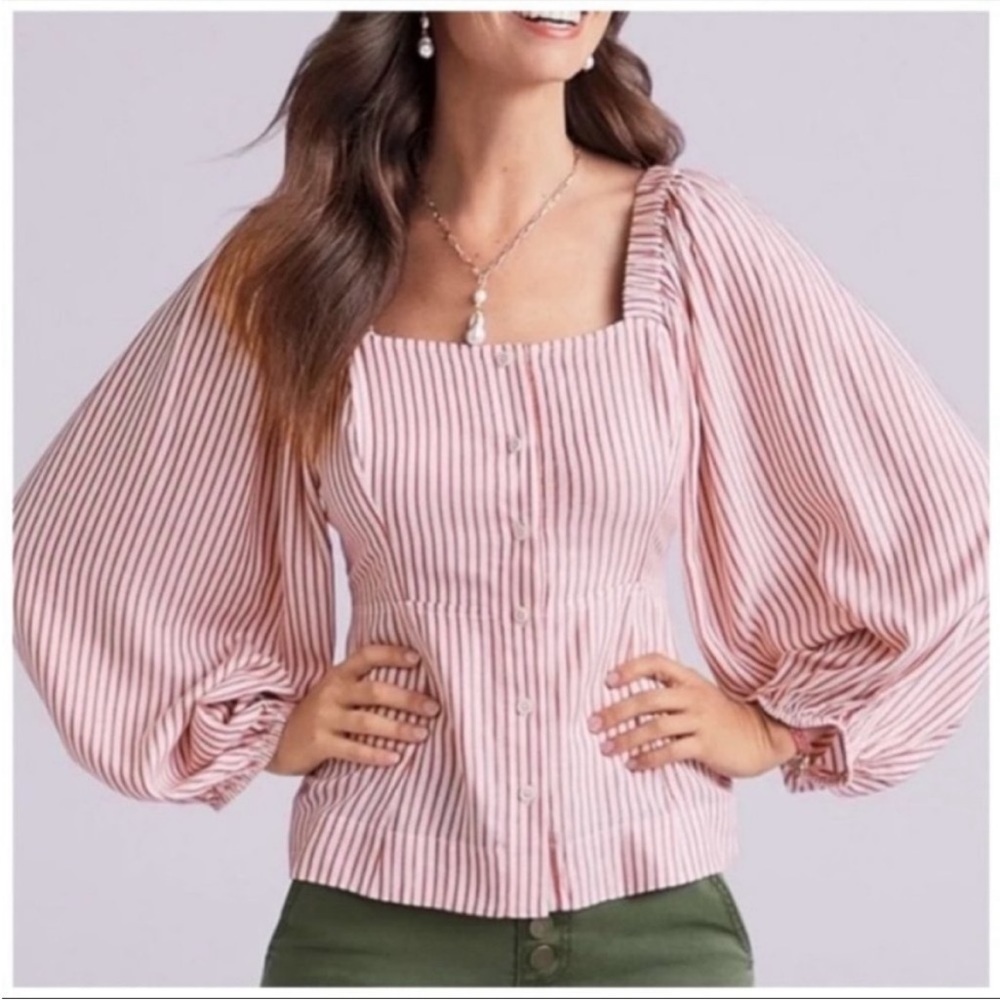 Cabi #5890 The Visionary Festive Stripe Carnival Top W/ Puff Sleeves Sz Medium